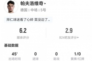 半场被换下!帕夫洛维奇本场0射0关键传球 10对抗3成功 仅6.2分配图