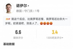 40岁诺伊尔本场仅1扑救丢2球 阻止进球-0.40 1解围+10长传5成功配图