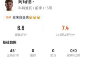 半场被换下！阿玛德3射0正 1过人+0关键传球 8对抗5成功 获6.6分配图