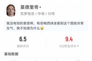 莫德里奇半场数据:17次传球成功率82.4% 1解围 1抢断 2夺回球权配图