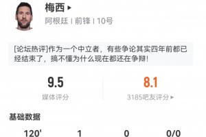 梅西全场数据：评分9.5！射正、成功传中、过人、对抗均全场最多配图