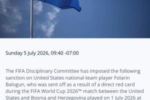 官方：美国前锋巴洛贡可出战比利时，红牌禁赛处罚暂缓一年执行配图