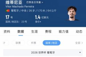 维蒂尼亚身价1.4亿欧，世界杯5场0球0助，仅2次关键传球配图