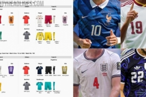 世界杯半决赛球衣搭配正式揭晓：英法主场，西阿客场配图
